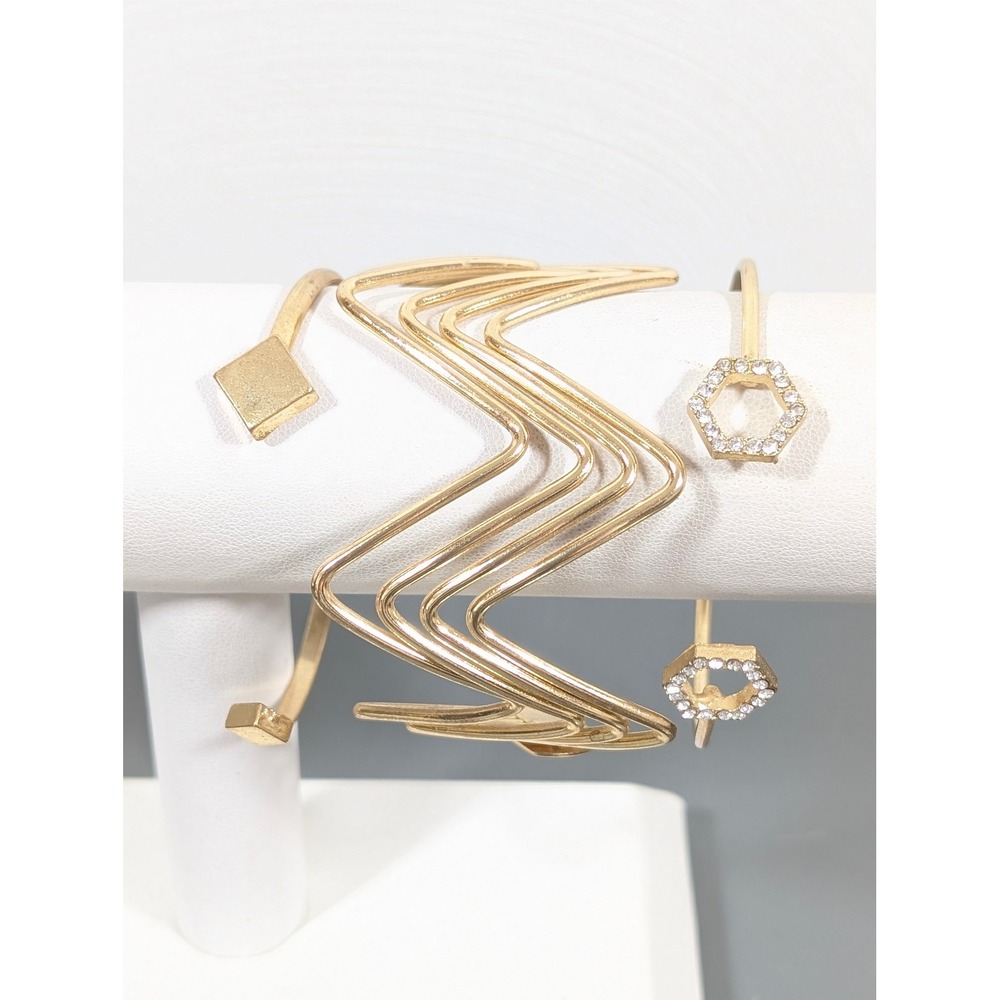 Gold Tone Cuff Bracelet Set 3pc‎ Rhinestone Stackable Bangles 7"